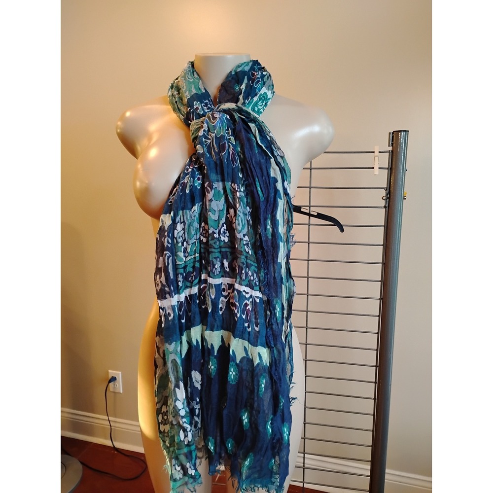 Blue Teal Floral Paisley Boho Lightweight Fringe Oblong Scarf Wrap 72x32